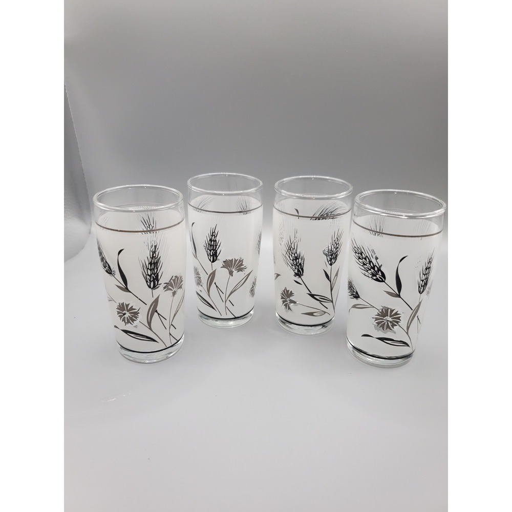Vintage Libbey Frosted Juice Glasses Silver Wheat Mid Century 4" Set of 4